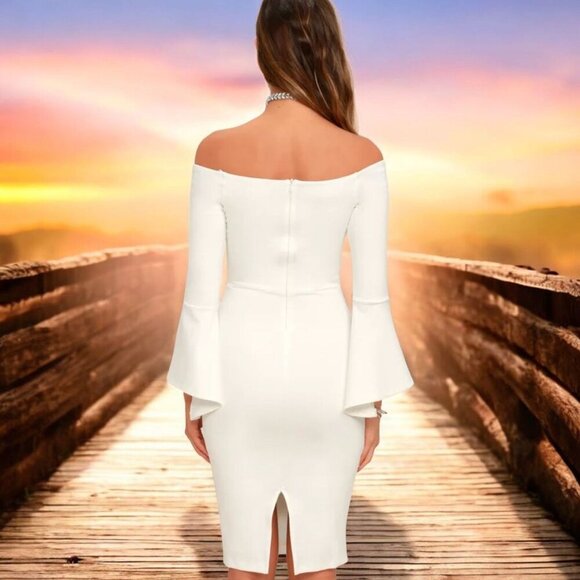 Lulus "All She Wants" White Off‑Shoulder Bell Sleeve Bodycon Midi Dress – S - Picture 4 of 16